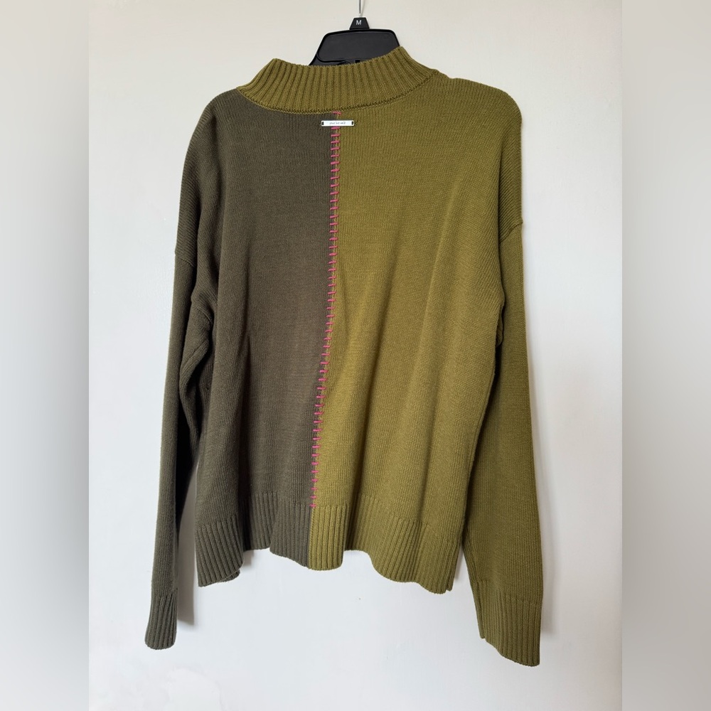 Two-Tone Green Mock Turtleneck Sweater with Pink Stitching - Picture 2 of 4